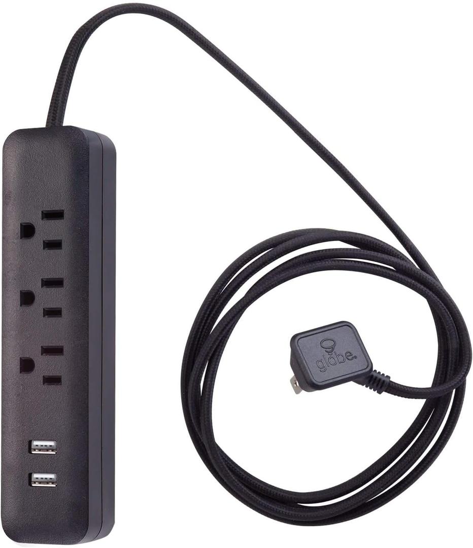 Globe Electric 78249 6ft 3-Outlet USB Surge Protector Power Strip, 2X USB Ports, 2.4 Amps Combined, Black Finish, Right Angle Plug, Compatible with All Charging Devices, Electronic Accessories