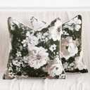 Vintage Floral Throw Pillow Covers 18x18 Set of 2 Neutral Boho Farmhouse Soft Chenille Jacquard Decorative Couch Pillow Covers for Sofa Couch Bed Living Room Home Dcor Beige Green