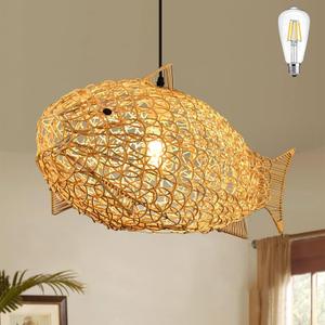 24 inch Fish-Shaped Rattan Woven Pendant Light Boho Chandelier Rustic Farmhouse Chandelier Rattan Light Fixture for Dining Room Living Room Bedroom Kitchen Foyer(Bulb Included), 22-23"