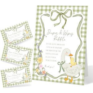 51 Pcs Diaper & Wipe Raffle Baby Shower Game, Silly Goose Sign with 50 Raffle Tickets, Green Gingham Mother Goose Baby Shower Diaper Wipe Game, Fun Gender Reveal Newborn Announcement Party Supplies