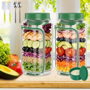 Salad Jar with Side Opening - Leakproof Portable Salad Container with Dressing Cup & Lid, Lid-to-Bowl Design, Dishwasher & Freezer Safe for for Office, Gym, Travel, Picnic, Green(2PCS)