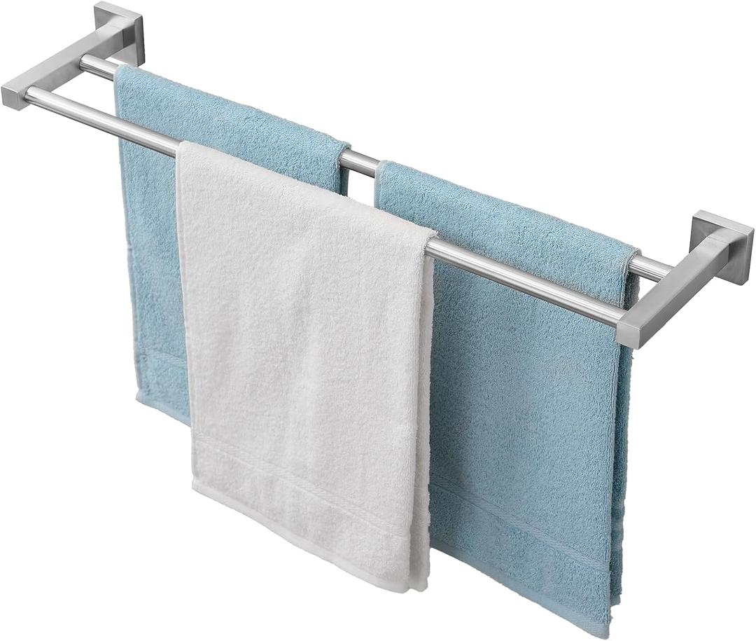 Double Towel Bar for Bathroom Wall, 24 Inch Double Towel Racks for Bathroom Wall Mounted, Heavy Duty Bathroom Towel Holder Stainless Steel Towel Rod, Brushed Nickel