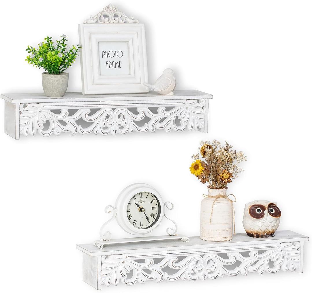 White Wall Shelves French Country Decor - Vintage Floating Shelf Antique Wood Wall Decor Farmhouse Rustic Hanging Shelves for Living Room Bedroom (24"+19")