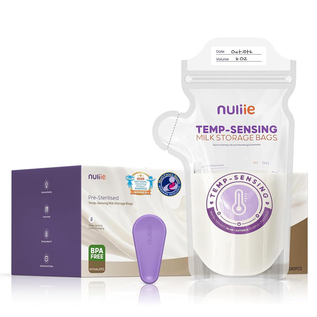 Nuliie 240pcs Temp-Sensing Breastmilk Storage Bag, Huge Temp-Sensing Icon & Locking Clamp, 6oz Breast Milk Storage Bags Freezer Pour Spout, Self Standing Milk Storage Bags Breastmilk, BPA-Free No-Leak