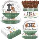 Football First Year Down Birthday Decorations, 168pcs Paper Plates Napkins Set Football Theme Dinnerware Including Plates, Napkins, Cups, Knives, Forks, Spoons for Birthday Party Supplies