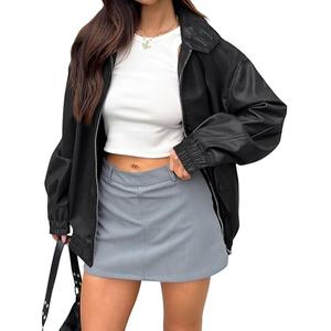 Caracilia Women's Oversized Leather Jacket Faux Suede Motorcycle Coat 2025 Fall Fashion Outfits Winter Clothes Grey L