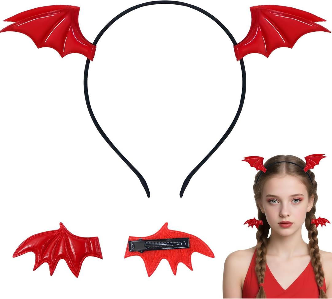 Halloween Red Dragon Wings Headband & Hair Clips Set - Bat Ears & Horns Headband for Women  Evil Dragon Costume Accessories for Cosplay & Party Costumes