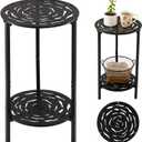 2-Tier Metal Round Side Table Black Accent Coffee Tables Small Space Corner Plant Stand Shelf for Indoor Outdoor Use Patio Balcony End Table Laser-Cut Floral Pattern Weather-Resistant, 23.5"H x 13"D