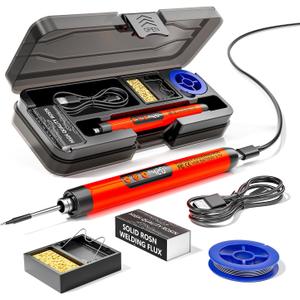 Cordless USB Rechargeable Portable Soldering Iron, Digital adjustable display screen, Heating Core, Soldering Iron Cord, Rosin, Soldering Iron Stand, Storage Case (Red)