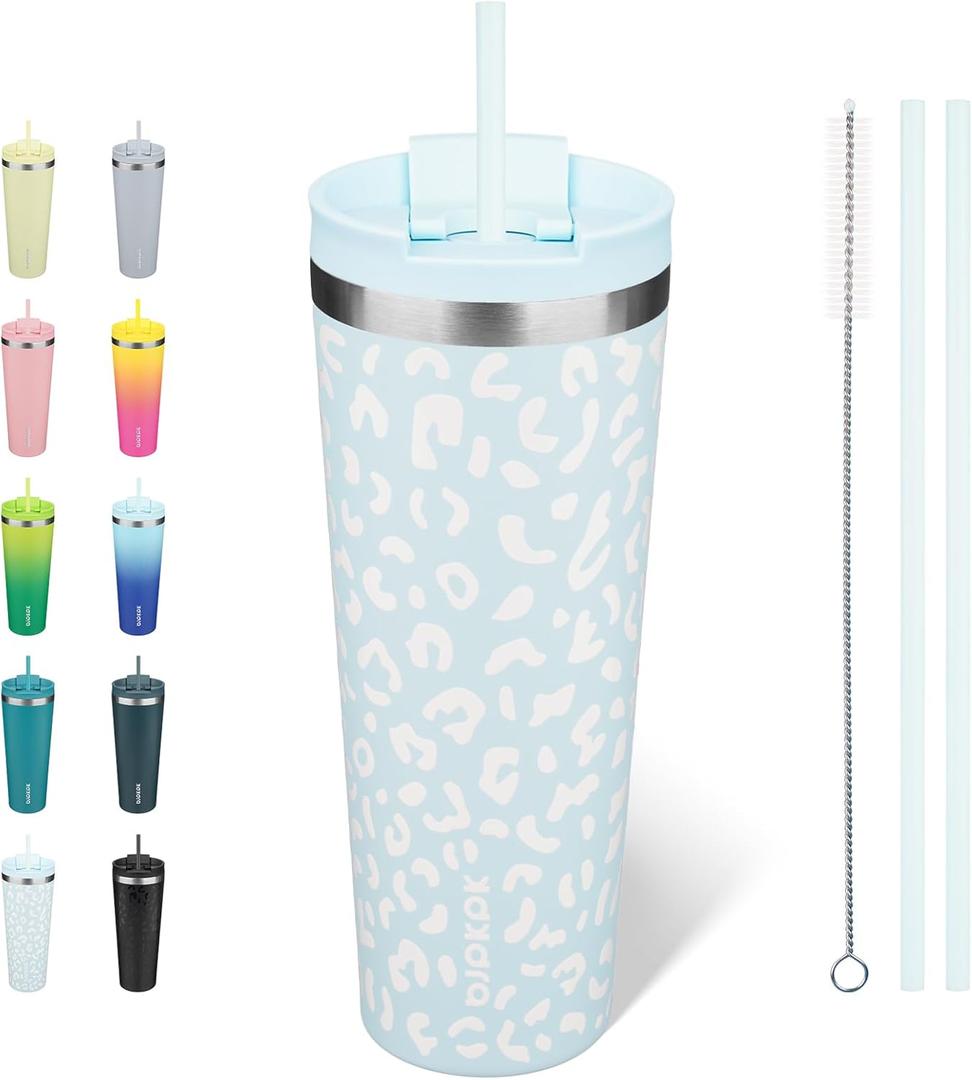 BJPKPK 26oz Tumbler With lid And Straw Stainless Steel Travel Coffee Mug Insulated Tumblers Cups,Light Blue Leopard