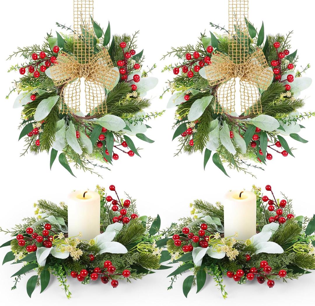4 Pcs Christmas Lambs Ear Candle Rings 3 Inch Artificial Lambs Ear Wreaths with Red Berries Mini Xmas Wreaths Candle Ring Holder for Christmas Decorations Table Front Door Indoor Centerpiece