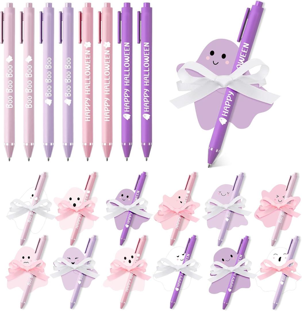 48 Sets Halloween Sticky Notes and Pens Set, 48 Ghost Memo Pads 48 Halloween Ballpoint Pens Ghost Party Gifts Supplies for Student Classroom School Birthday Party Gift Supplies Favors