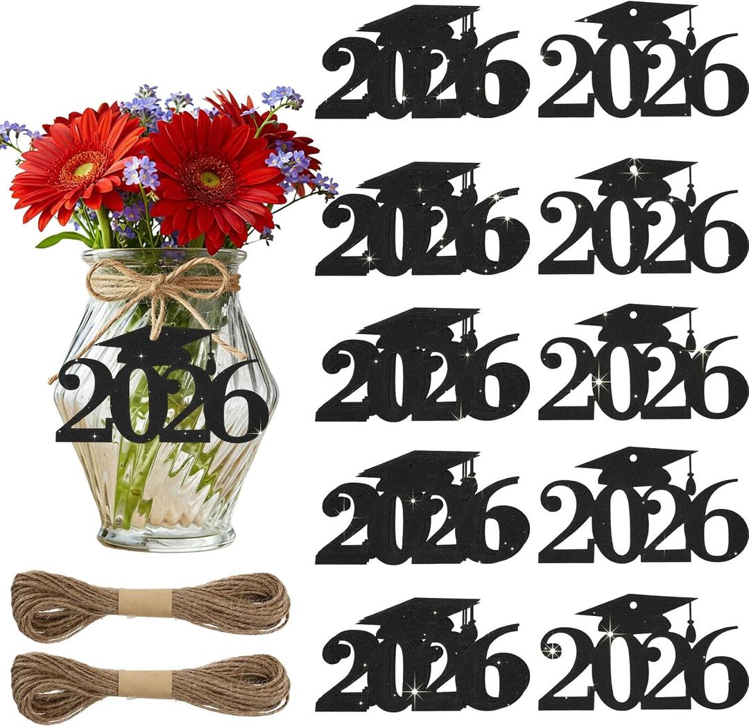 4 x 24 Pcs Glitter 2026 Cutouts Tags, Black Double Sided 2026 Graduation Cap Cutouts Tags Decorations Class of 2026 Graduation Centerpieces 2026 Grad Cap Tags for Tables Vase Mason Jar Party Decorations