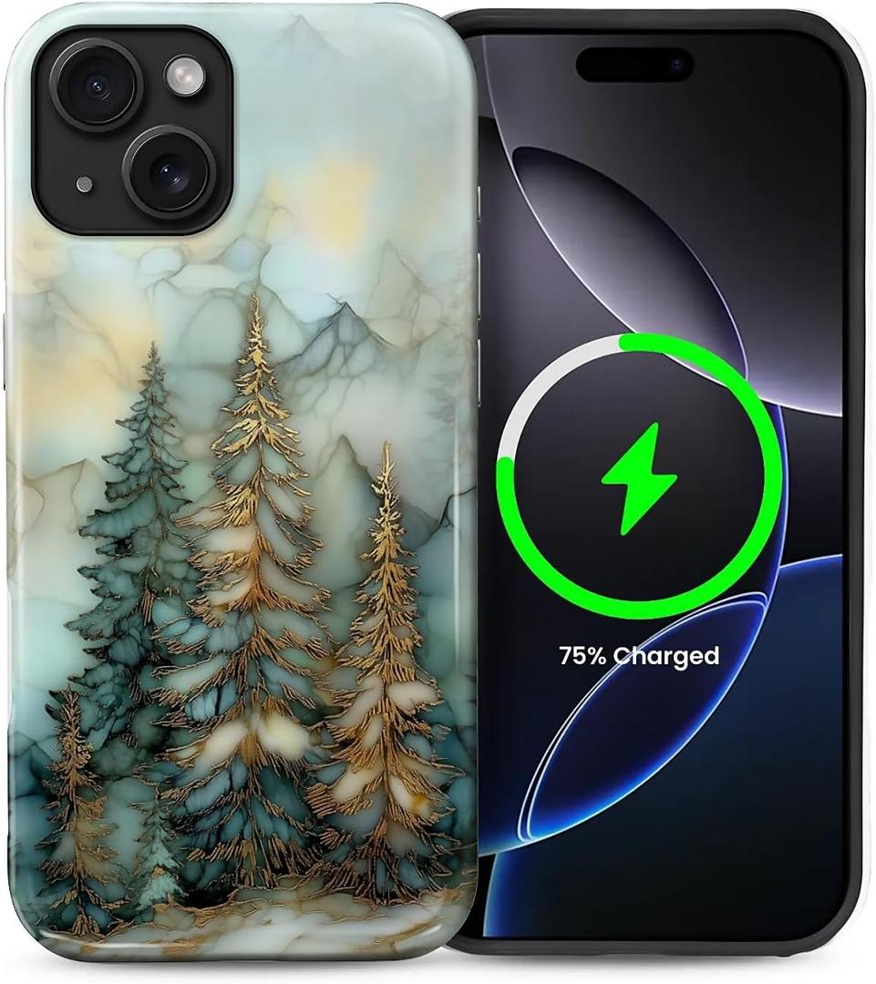 for iPhone 14/13 Case,Compatible with MagSafe,Dual-Layer Hard Shell + Silicone Cover,Full Body Protection Shockproof Case for iPhone 14/13-Stained Glass Pine Trees