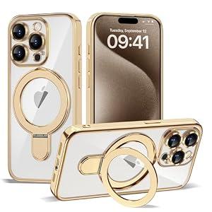 Compatible with iPhone 12 Pro Max Case with Magnetic Ring Stand [Compatible with Mag-Safe] [Full Camera Lens Protector] Soft Plating Clear Phone Case for iPhone 12 Pro Max 6.7", Gold