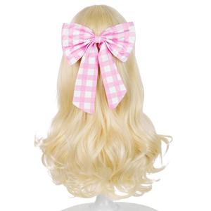 Wiggy Mermaid Blonde Wig with Pink-bow Hair Clip, 22.8 Inch Long Blonde Wavy Princess Wigs + Cap for Halloween Costume Party Cosplay