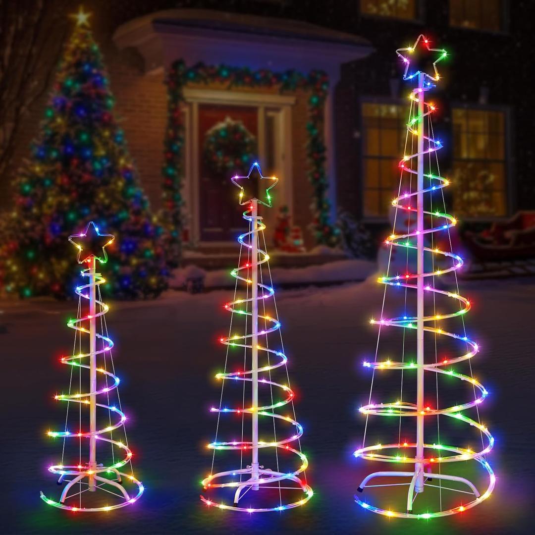 3 Packs Christmas Spiral Tree with Lights, 3/4/5 FT Lighted Xmas Collapsible Tree with Metal Stakes for Indoor & Outdoor, Yard, Porch, Garden Holiday Decor (Multi-Color, 3-4-5 FT)
