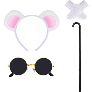 Mouse Costume Accessories, Mouse Ears Headband Sunglasses Blind Cane White Gloves for Halloween Adult Women Costume