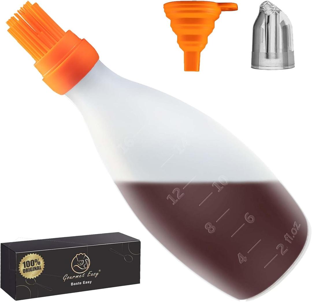 Silicone Pastry Brush, All-in-One Slicone Basting Brush with Sauce Bottle, Heat Resistant BBQ Accessories and Cooking Gadgets, BPA-Free Oil Dispenser for Cooking, Baking, Grilling (Orange) (Baste Easy Orange)