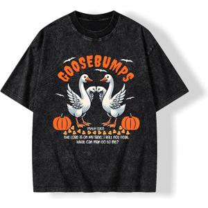 Graphic Tees Halloween Novelty Women Men Cotton Oversized Christian Goose with Pumpkin Washed T-Shirt (Black, S)