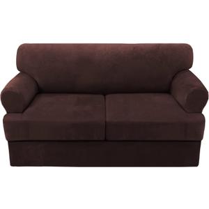 H.VERSAILTEX Sofa Cover 3 Piece T Cushion Loveseat Slipcovers Thick Velvet Couch Cover Furniture Protector Stretch T Cushion Sofa Covers for 2 Cushion Couch with 2 T Cushion Covers Washable, Brown (2 Cushion Loveseat)