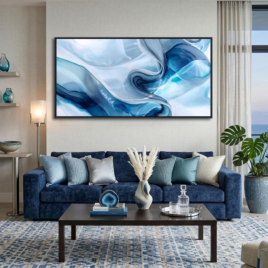 Abstract Wall Art Canvas Artwork for Walls Blue Modern Wall Pictures for Living Room Bedroom and Office Decor, Large Framed Horizontal Statement Print 23.5x47in