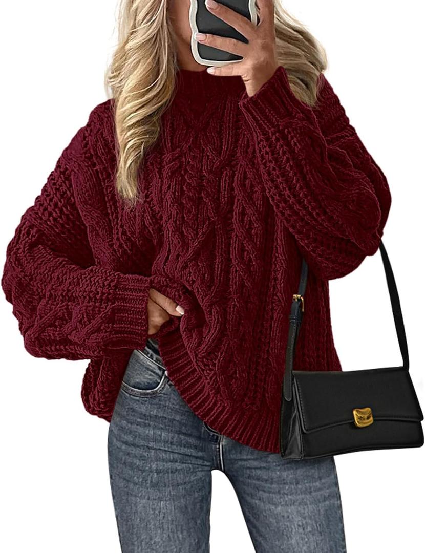 PRETTYGARDEN Women's Oversized Fall Sweaters 2026 Casual Long Sleeve Crewneck Chunky Cable Knit Pullover Tops Winter Clothes (XX-Large, Burgundy)