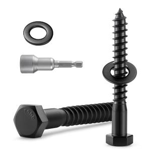 BNUOK 7 Sets 3/8" x 3" Hex Head Lag Screws Bolts with Flat Washers 304 Stainless Steel 18-8 Black Zinc Plated Heavy Duty Lag Screw for Wood