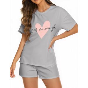 KFUBUO Women 2 Piece Pajamas Set Cute Summer Pj Short Sleeve and Shorts Matching Sleepwear (Small, Grey Heart)
