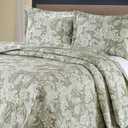 Soft Elegant Floral Queen Jacquard Bedspread Set, Sage Green and White Pattern, Luxury Quilt with 2 Matching Pillow Shams, All Season Bed Cover, Reversible Bedding