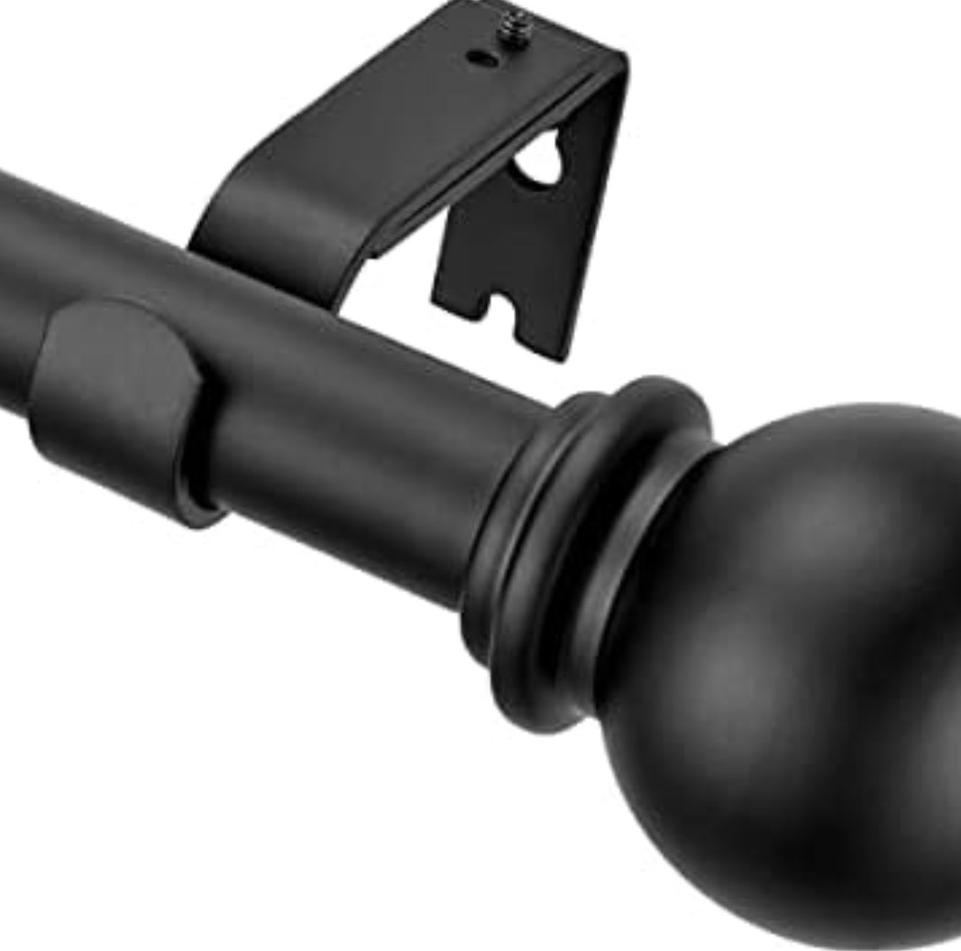 Matte Black Curtain Rods 2 Pack, Decorative Drapery Rod with Ball Finials, Heavy Duty 1 Inch Diameter Single Curtain Rod, Adjustable Window Treatment Rods 72-144"