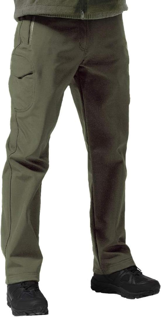 FREE SOLDIER Men's Outdoor Softshell Fleece Lined Cargo Pants Snow Ski Hiking Pants with Belt (32W x 30L, Army Green)