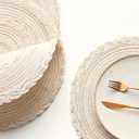 Floroom 15 Inch Round Braided Placemats Set of 4, Washable Heat Resistant Cotton Polyester Circle Boho Place Mats for Kitchen Dining Table - Canvas Beige Bordered