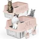 2PACK Stainless Steel Cat Litter Box with High Sides Lid, Extra Large XL Litter Box for Big Cats, Metal Kitty Litter Boxes with Anti-Leakage Enclosure, Non-Stick, Odorless, Scoop Included, Pink