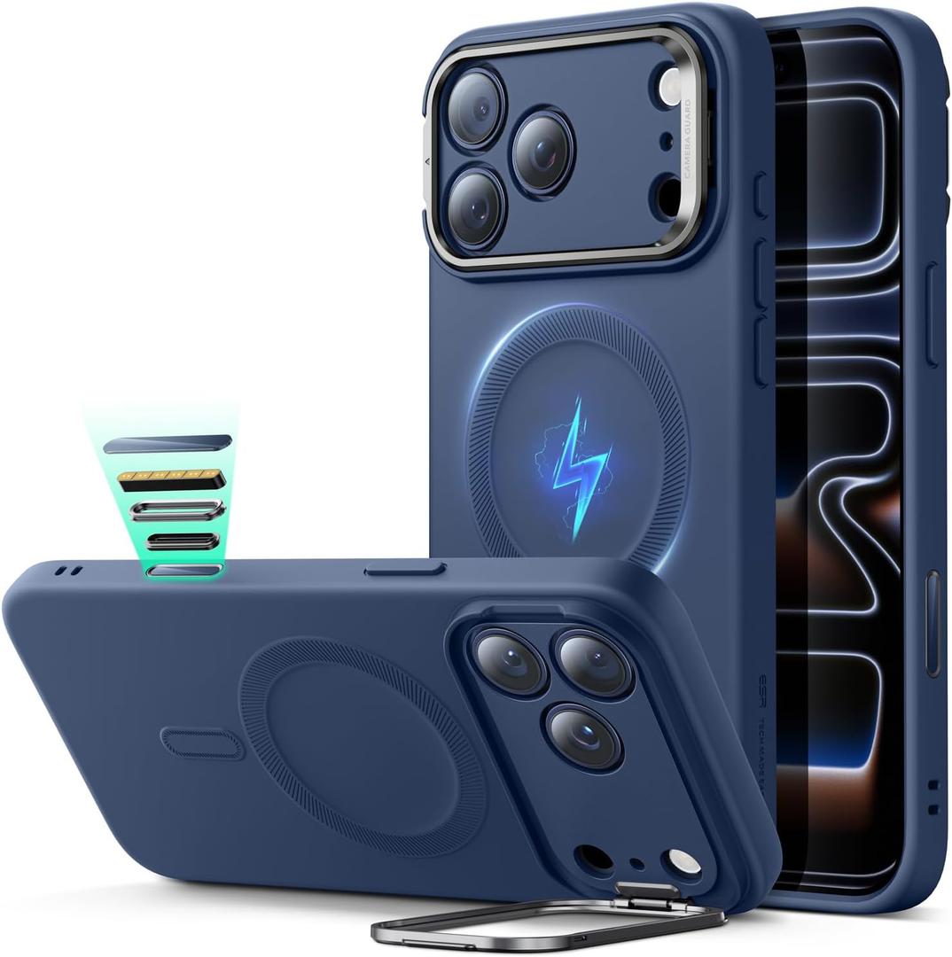 ESR Silicone Case for iPhone 17 Pro, Built-in Camera Stash Stand Compatible with MagSafe, Military-Grade Drop Protection Magnetic Phone Case for iPhone 17 Pro, Cloud Series, Navy Blue