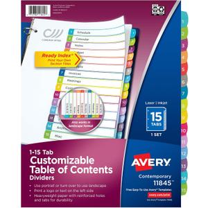 Avery Dividers for 3 Ring Binders, 15 Tabs per Set, Customizable Table of Contents, Multicolor Arched Tabs, Great for Organizing Reports, Projects, and More (11845)