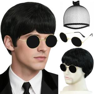 ANOGOL Hair Cap+ (Glasses) Short Black Wig Men 60s Rock Wigs Cosplay Black Synthetic Hair with Bangs Fluffy Wig 60s 70s Mens Costume Wigs Male Guy Christmas Halloween Party Outfit Daily Wear