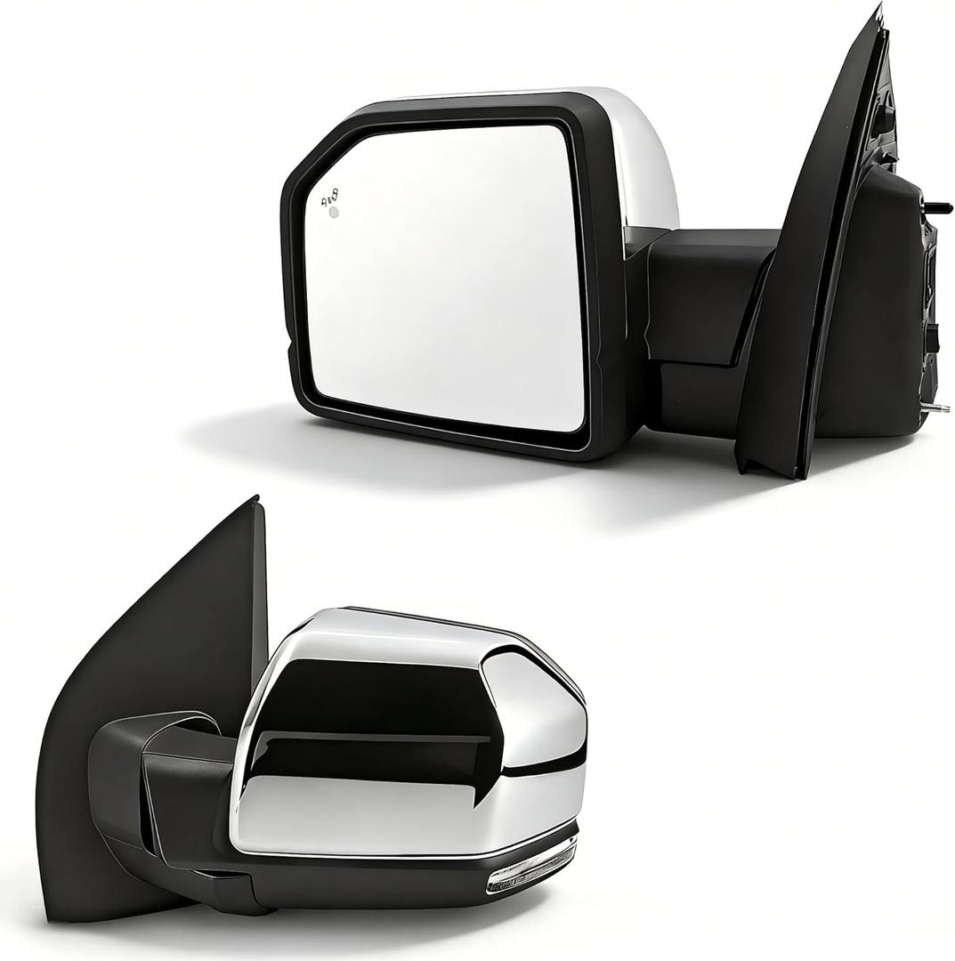 FL3Z17683PC Left Dual Power Mirror 16+4 Pin Camera Chrome for Ford F150 2015-2018; Driver Side Miror with Memory/Heated/Power Folding/Turn Signal/Puddle Lamp/Side Marker/Blind Spot