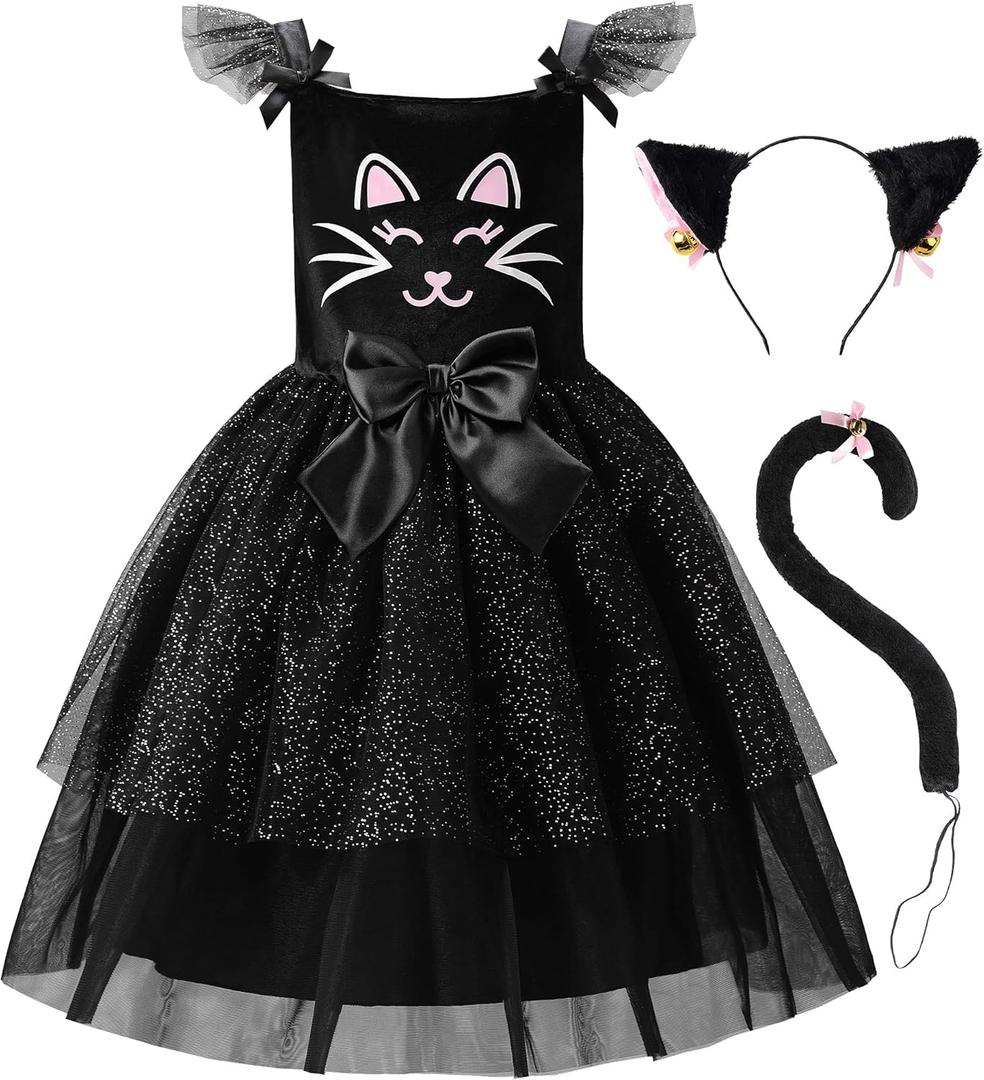 ReliBeauty Black Cat Costume for Girls Kitty Costume Halloween Toddler Dress with Accessories (6-7/130)
