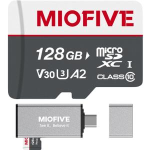Miofive Memory Card - Ultimate Micro SD Card with USB 3.0 Type-C Card Reader 170MB/s, C10, U3, A2, V30, 4K for Dash Cams, Android Smartphones, Tablets, and Gaming Devices (128GB)