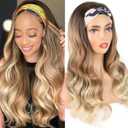 LEOSA Ombre Blonde Headband Wig Body Wave Ombre Platinum Wig for Women Blonde Wavy Wig Long Wavy Headband Wig Synthetic Wigs (24 Inch (Pack of 1), Ligh Brown)