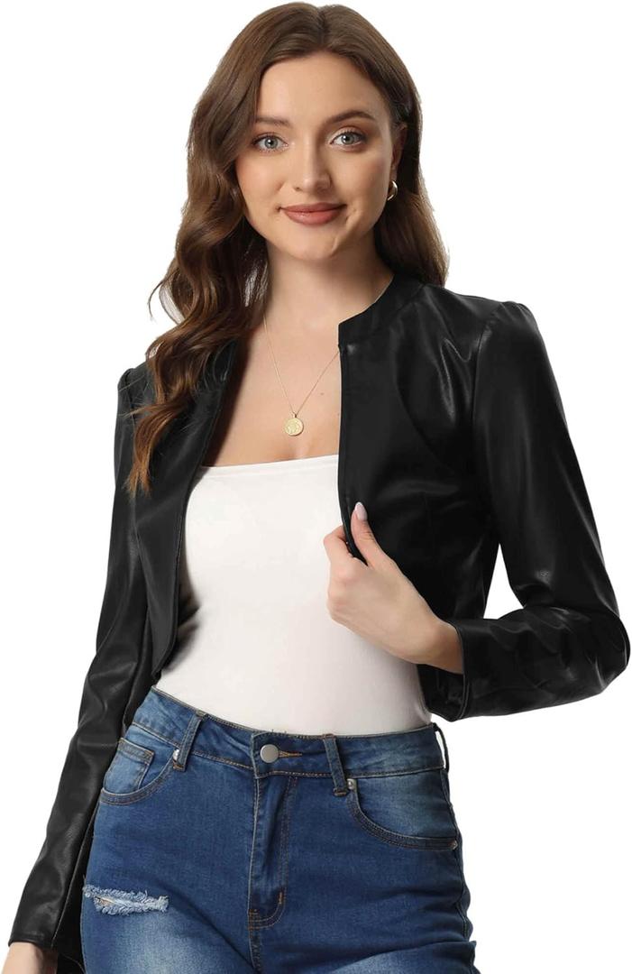 Allegra K Faux Leather Jacket for Women's Open Front Long Sleeve PU Cropped Leather Jacket Coat (Medium)