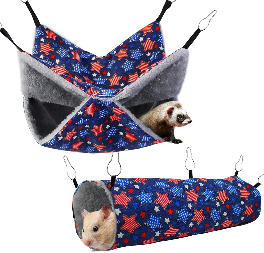 petonfun Ferret Rat Hammock Set Guinea Pig Hideout Bed,Soft Hamster Toys Hanging Tunnels and Tubes,Plush Small Animal Pet Chinchilla for Cage Accessories Hide,Play and Sleep,2 Pack,Blue Star