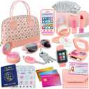 Play Purse for Little Girls - Pretend Play Toy Set for Kids Including Handbag, Makeup, Phone, Wallet, Smartwatch, Passport, Credit Cards, Keys - Birthday Gift Ideas for Girls Age 3 4 5 6 7+