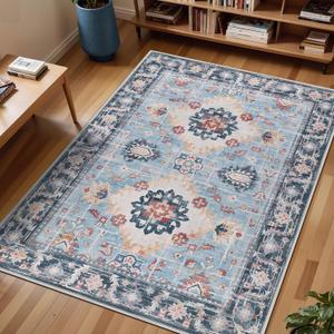 Ileading Vintage Area Rugs 8x10 Large Machine Washable Boho Living Room Rug Non Slip Distressed Indoor Floor Carpet Low Pile Under Table Rug for Dining Room, Bedroom, Kids Room, Blue