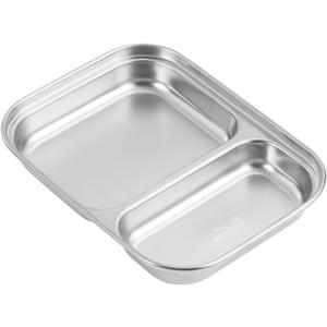 Angoily Stainless Steel Plate, 2 Grid Compartment Portion Control, Toddler Plate for Fruits, Snacks, Salads, Parties, Camping, Metal