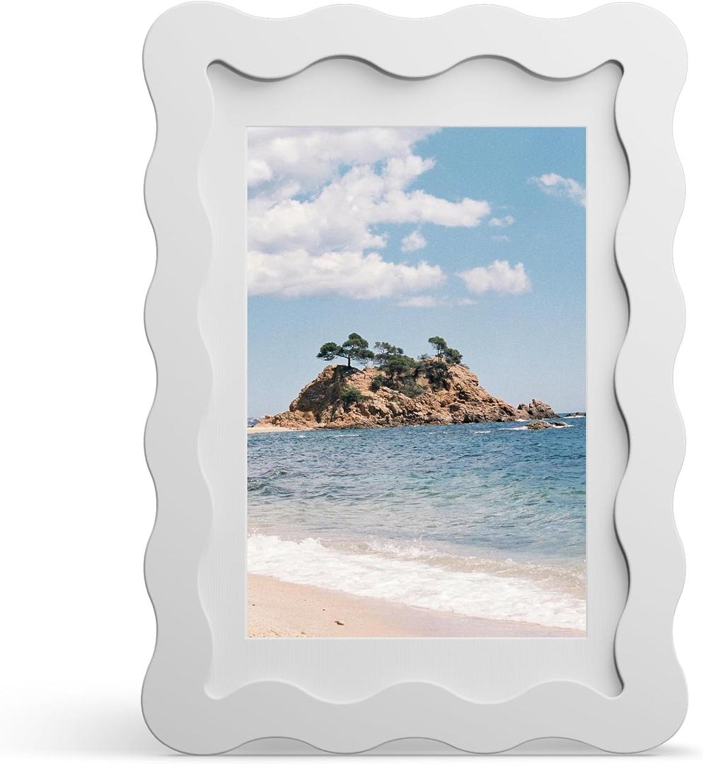 4x6 Picture Frame with Mat for 3.5x5, Wavy Edge Wooden Real Glass Photo Frame for Tabletop and Wall Hanging, White, 1 Pack