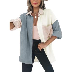Dokotoo Womens Color Block Button Down Shirts Long Sleeve Oversized Boyfriend Blouses Tops