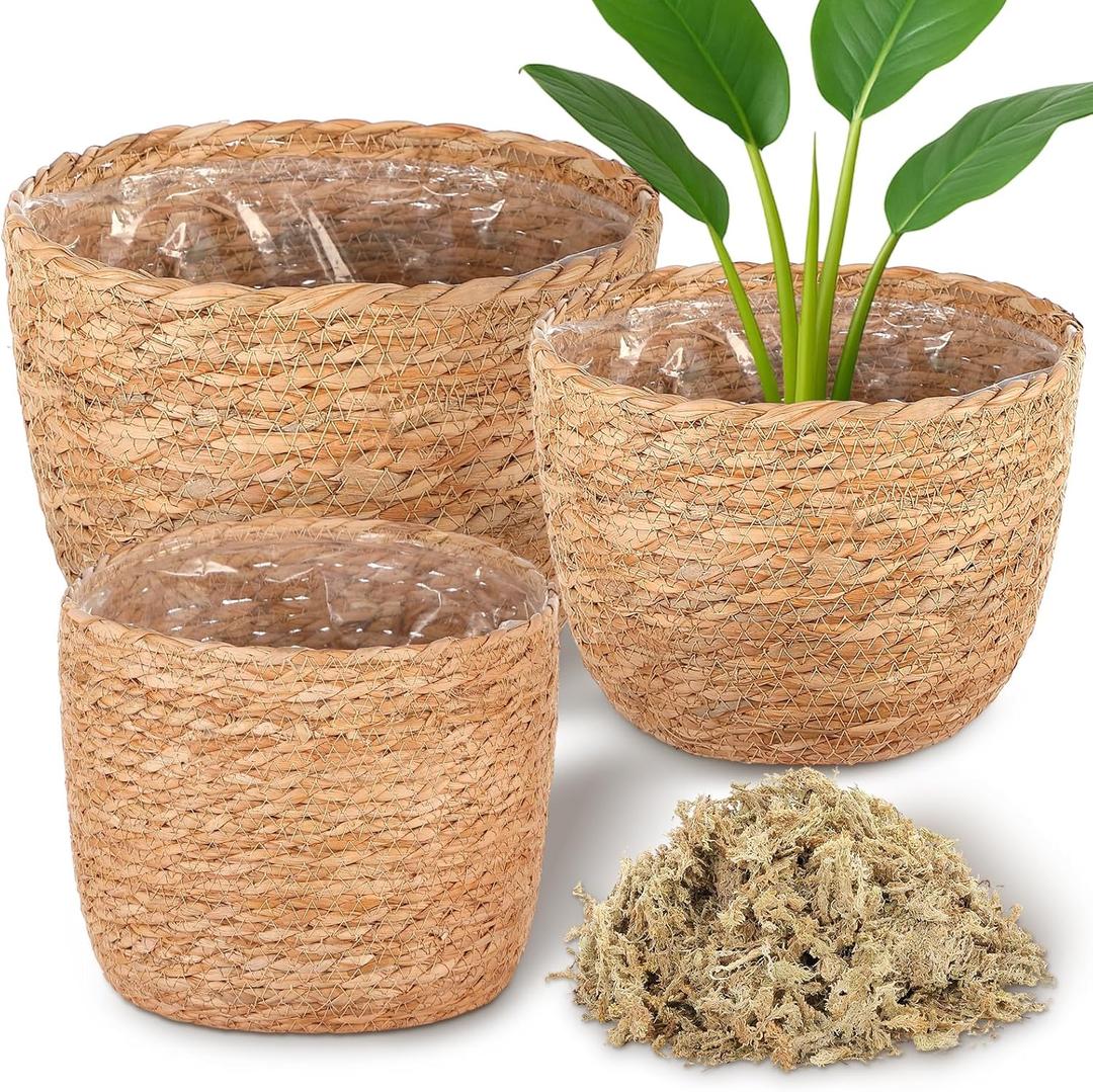 Knitgrip 3 Pack Seagrass Plant Basket Indoor with Artificial Moss Woven Baskets Flower Pots Planters for Home Decor