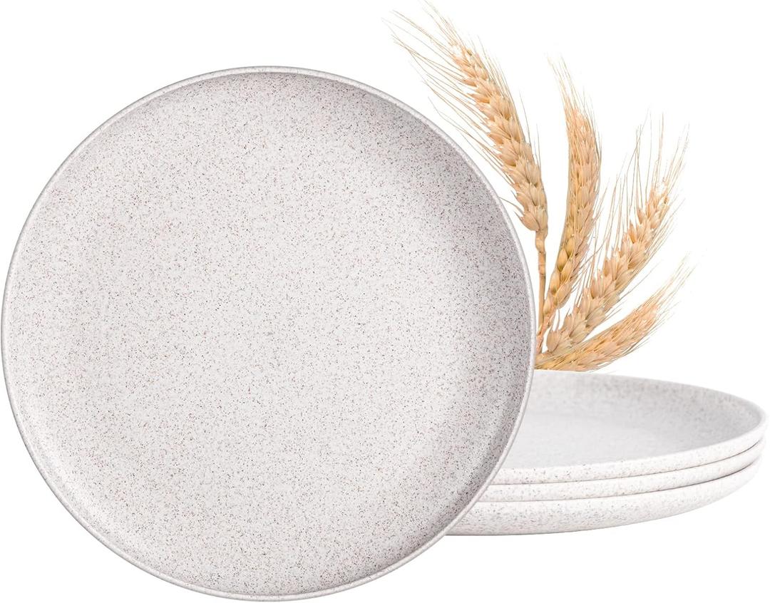 MISS BIG 10 inches Wheat Straw Plates,Plastic Plates Reusable Set of 4,Dinner Plates for Kids&Adults,Dishwasher & Microwave Safe,Eco-Friendly,BPA Free(Wheat White)